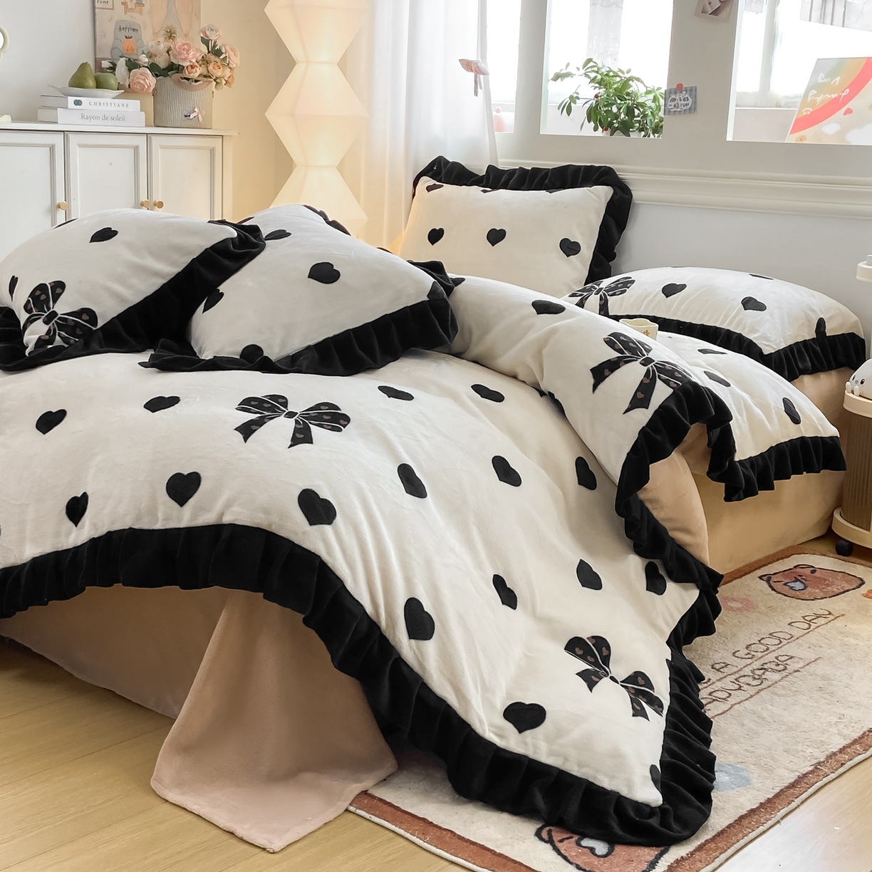 富之航家纺 2025新款小香风赫本风ins风大牌韩版大花边轻奢牛奶绒四件套 黑糖