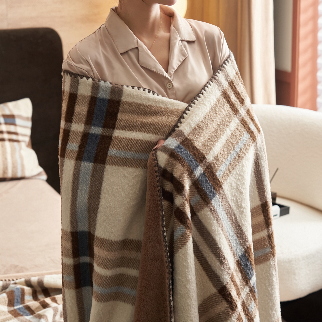 91家纺网 家纺一手货源 找家纺 晨曦家纺 2025新款仿生羊毛绒毛毯沙发盖毯办公室午睡毯四季毯 摩卡格影