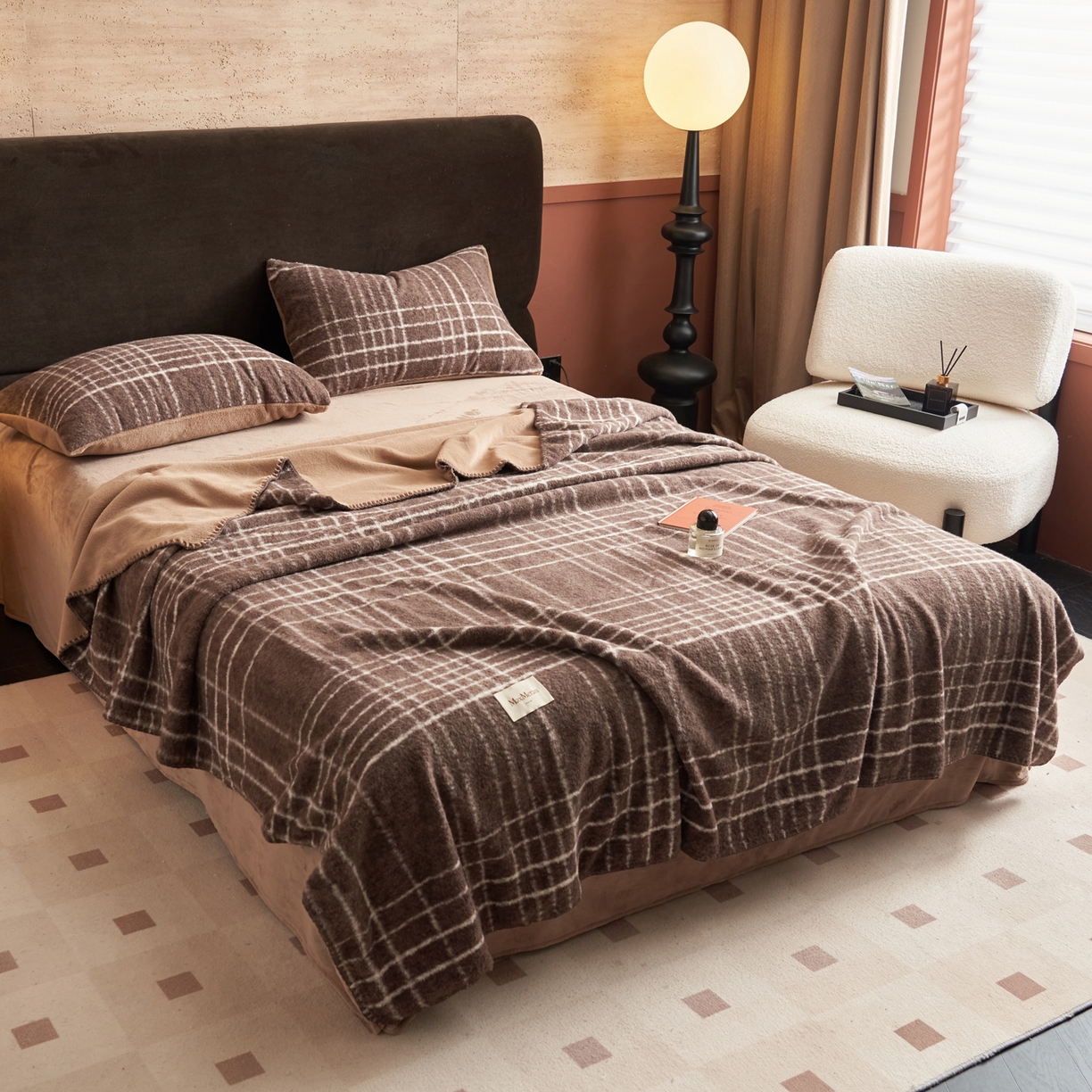 91家纺网 家纺一手货源 找家纺 晨曦家纺 2025新款仿生羊毛绒毛毯沙发盖毯办公室午睡毯四季毯 深棕格序