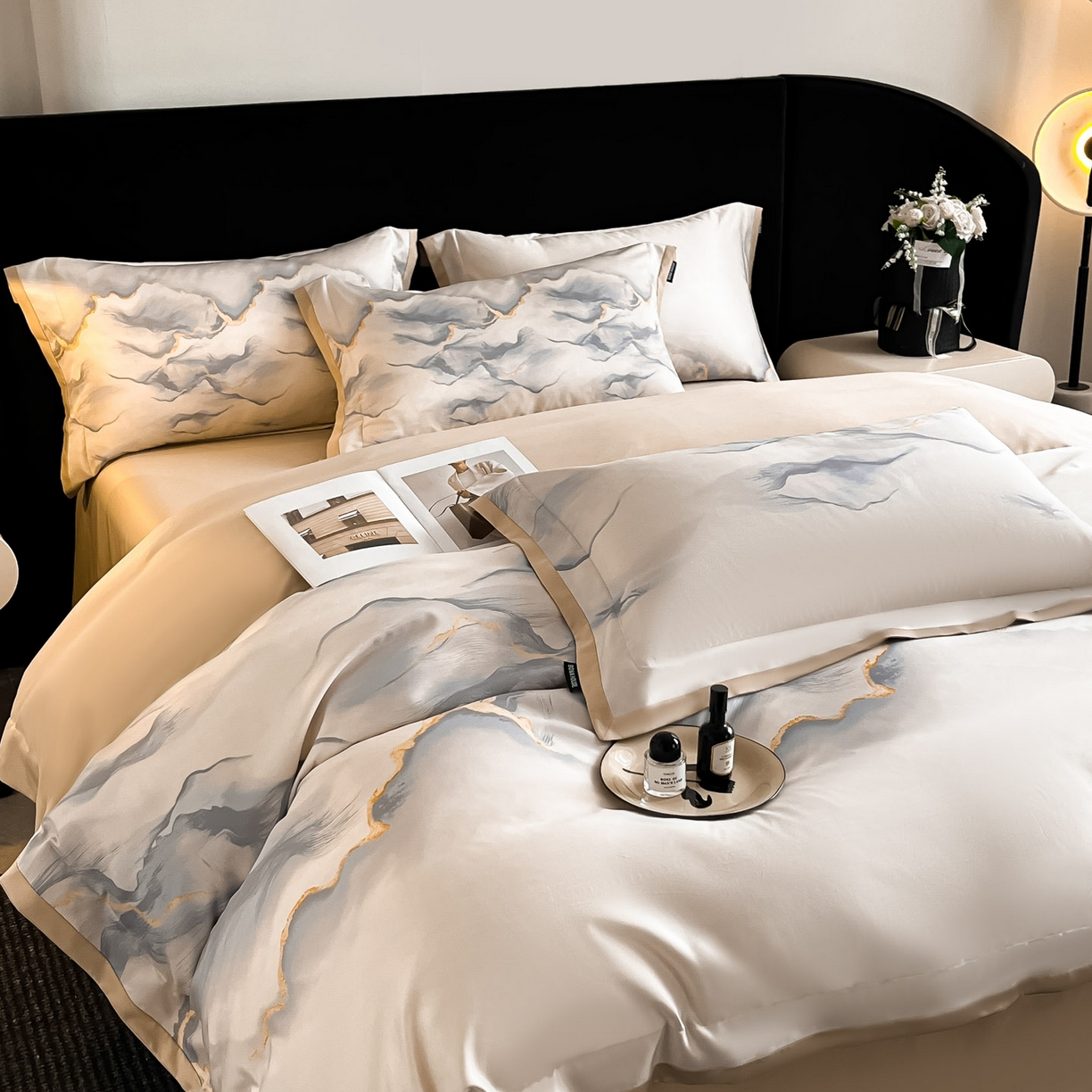 91家纺网 家纺一手货源 找家纺 博纳家纺 2025新款亲肤棉数码印花拼角四件套 海市蜃楼