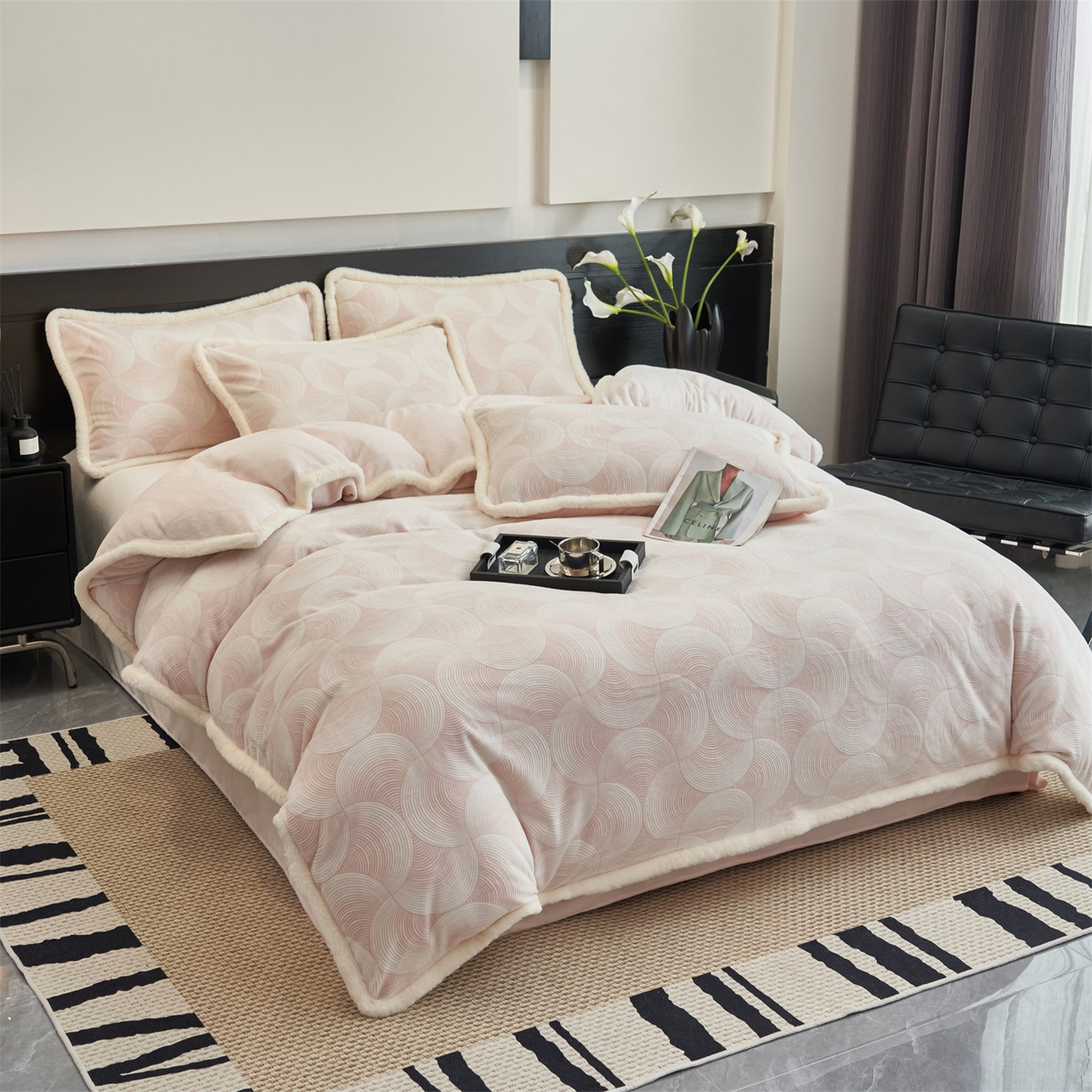 91家纺网 家纺一手货源 找家纺 金鹰 2025新款烂花兔毛包边四件套牛奶绒四件套提花套件 简爱