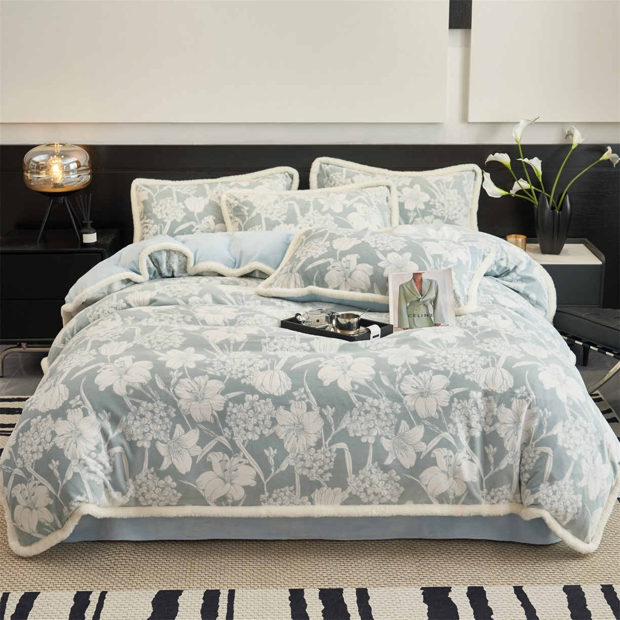 91家纺网 家纺一手货源 找家纺 金鹰 2025新款烂花兔毛包边四件套牛奶绒四件套提花套件 兰花