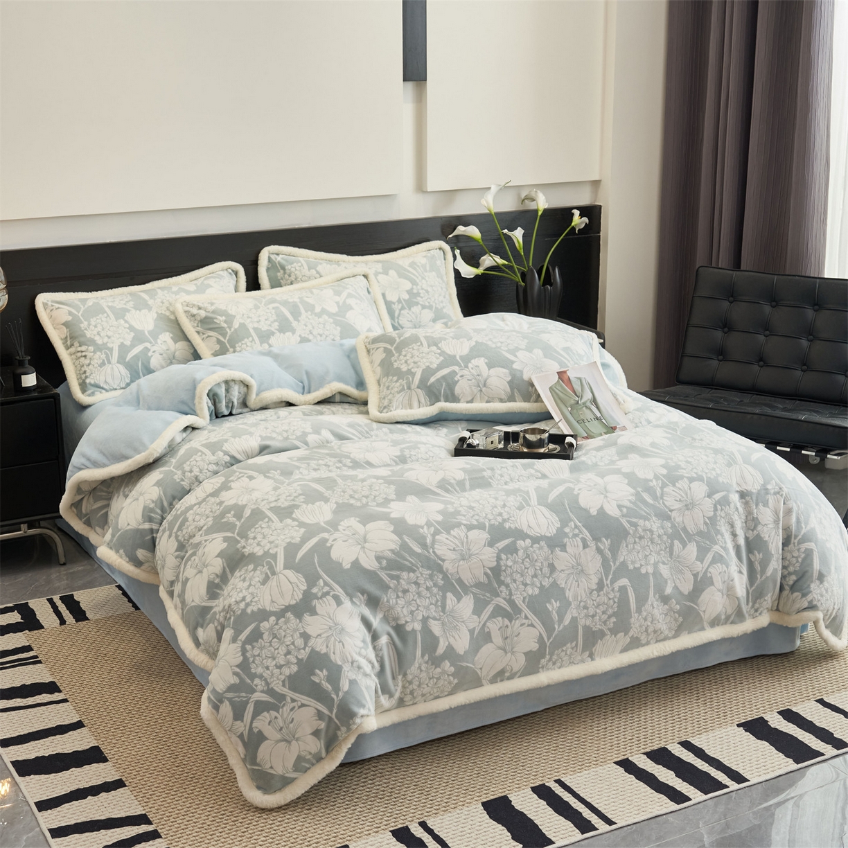 91家纺网 家纺一手货源 找家纺 金鹰 2025新款烂花兔毛包边四件套牛奶绒四件套提花套件 兰花