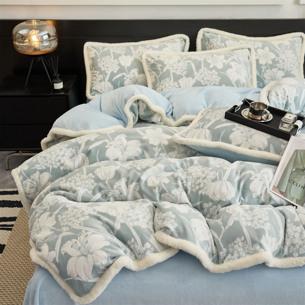 91家纺网 家纺一手货源 找家纺 金鹰 2025新款烂花兔毛包边四件套牛奶绒四件套提花套件 兰花