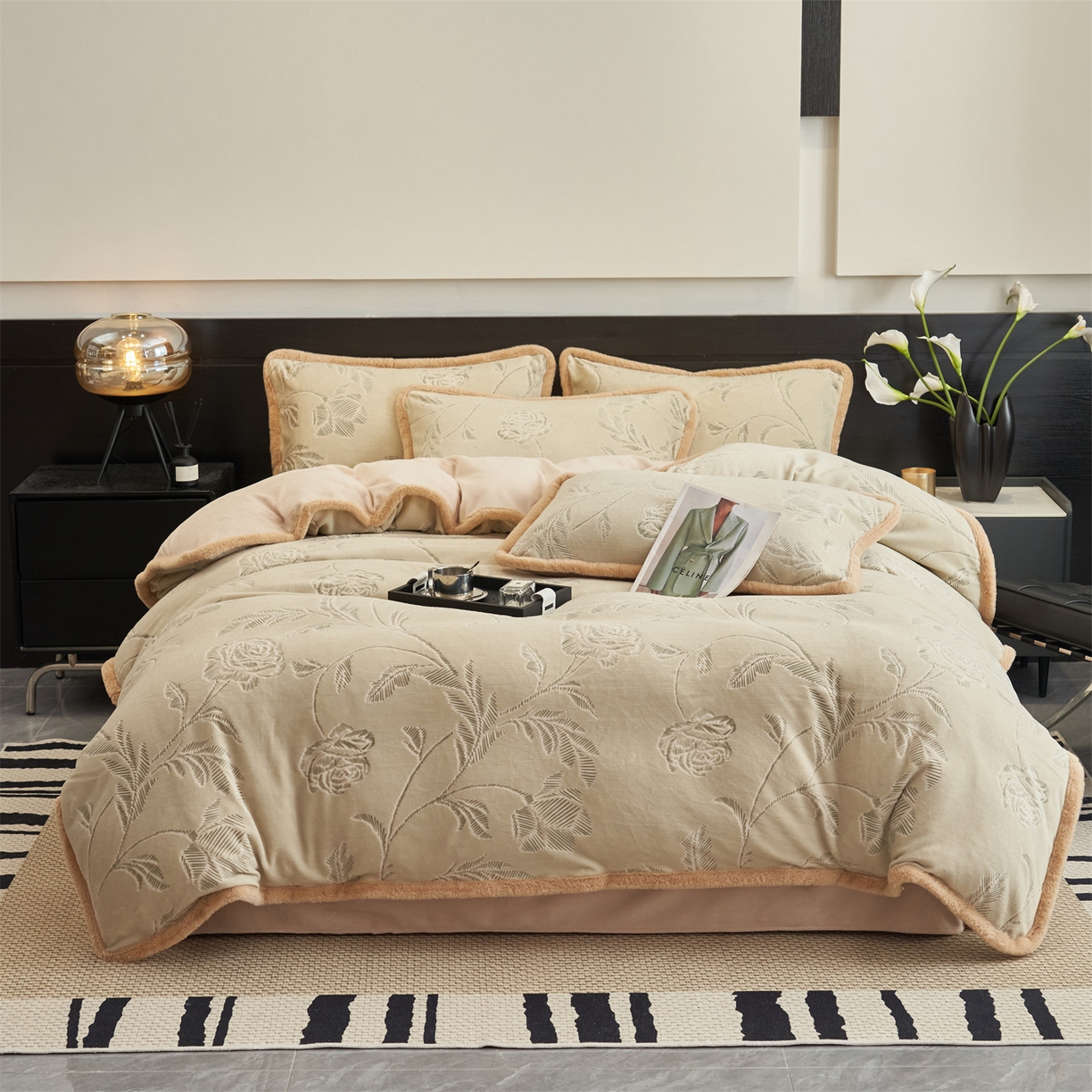 91家纺网 家纺一手货源 找家纺 金鹰 2025新款烂花兔毛包边四件套牛奶绒四件套提花套件 玫瑰物语