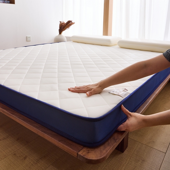 91家纺网 家纺一手货源 找家纺 优承佳生活馆（床垫） 2025新款磨毛大豆抗压棉立体床垫 磨毛大豆床垫-白+蓝（小方格）