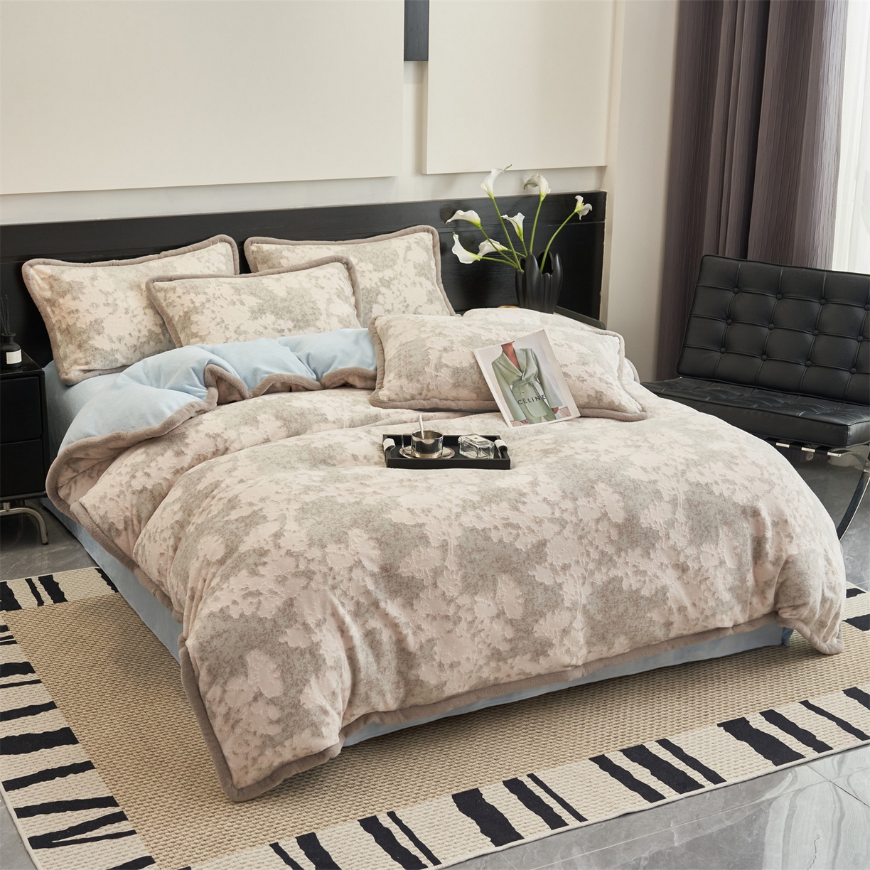 91家纺网 家纺一手货源 找家纺 金鹰 2025新款烂花兔毛包边四件套牛奶绒四件套提花套件 梦幻森林