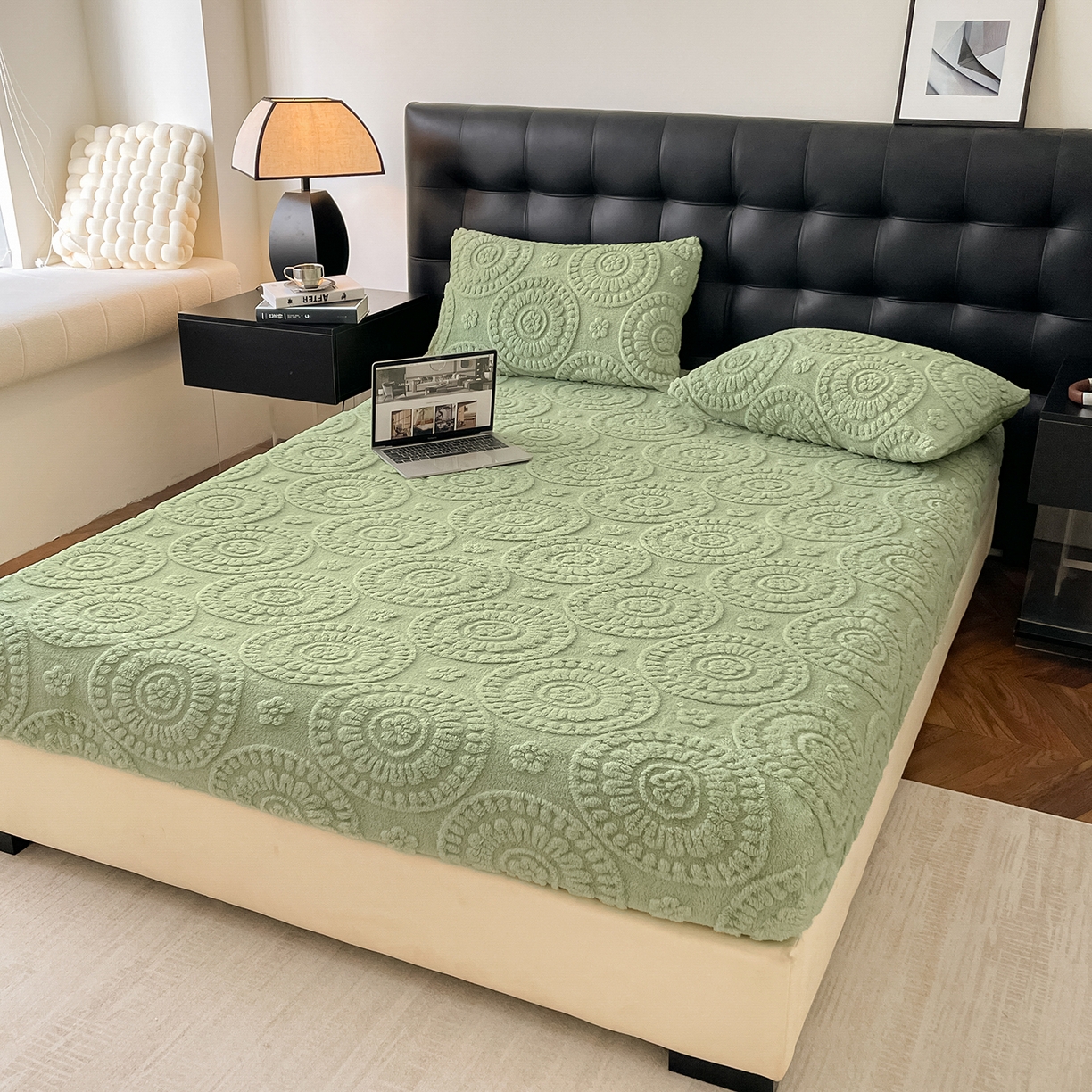 91家纺网 家纺一手货源 找家纺 乐家欣 2025新款A类塔芙绒舒棉绒床笠-花朵系列 花朵-桑绿