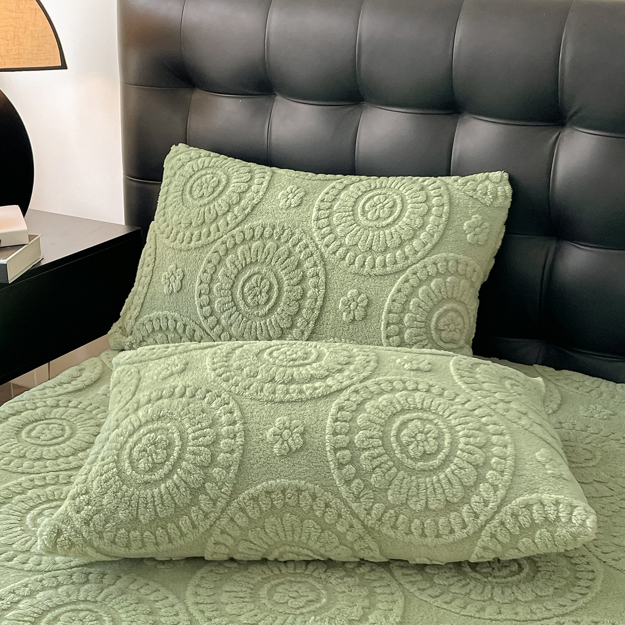 91家纺网 家纺一手货源 找家纺 乐家欣 2025新款A类塔芙绒舒棉绒床笠-花朵系列 花朵-桑绿