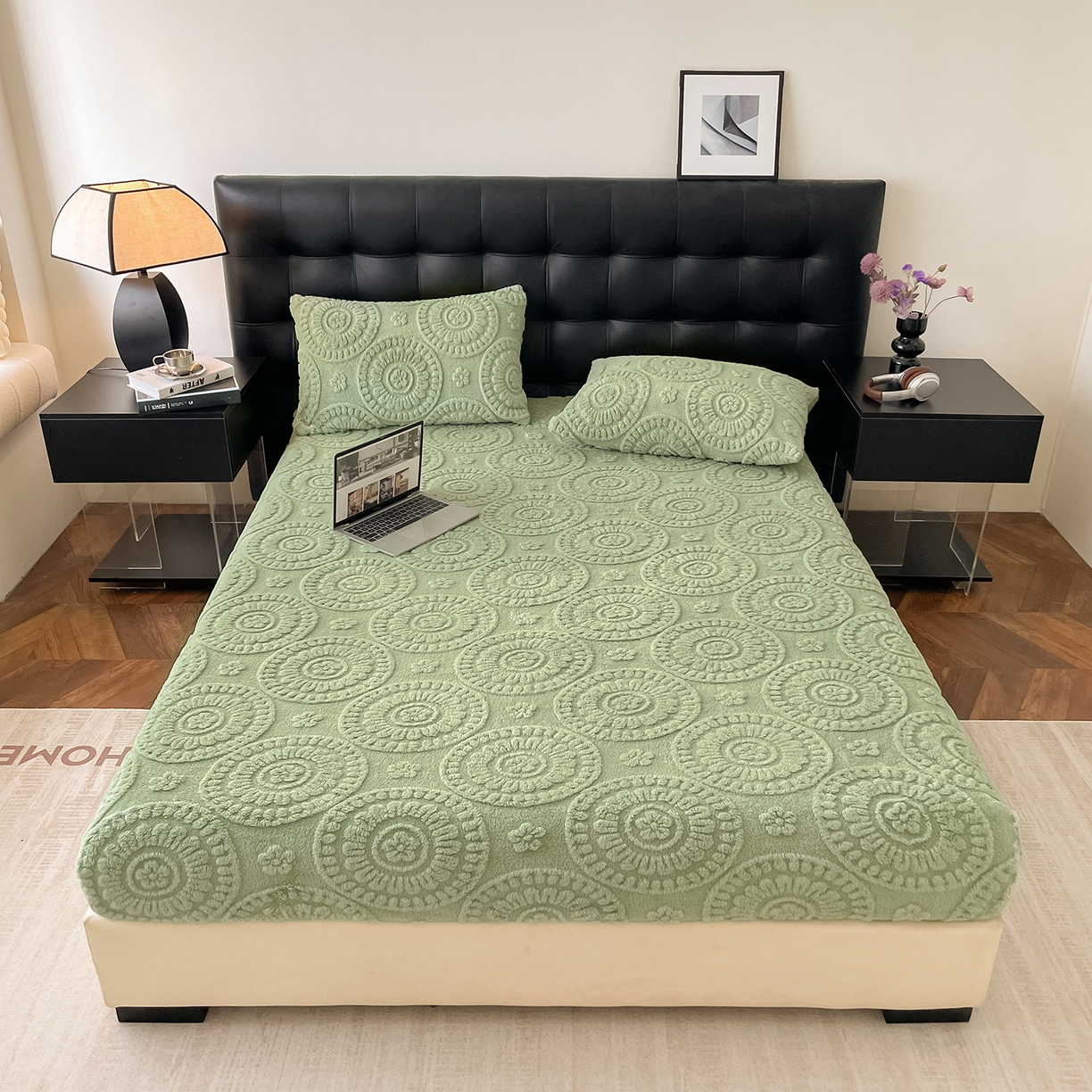 91家纺网 家纺一手货源 找家纺 乐家欣 2025新款A类塔芙绒舒棉绒床笠-花朵系列 花朵-桑绿