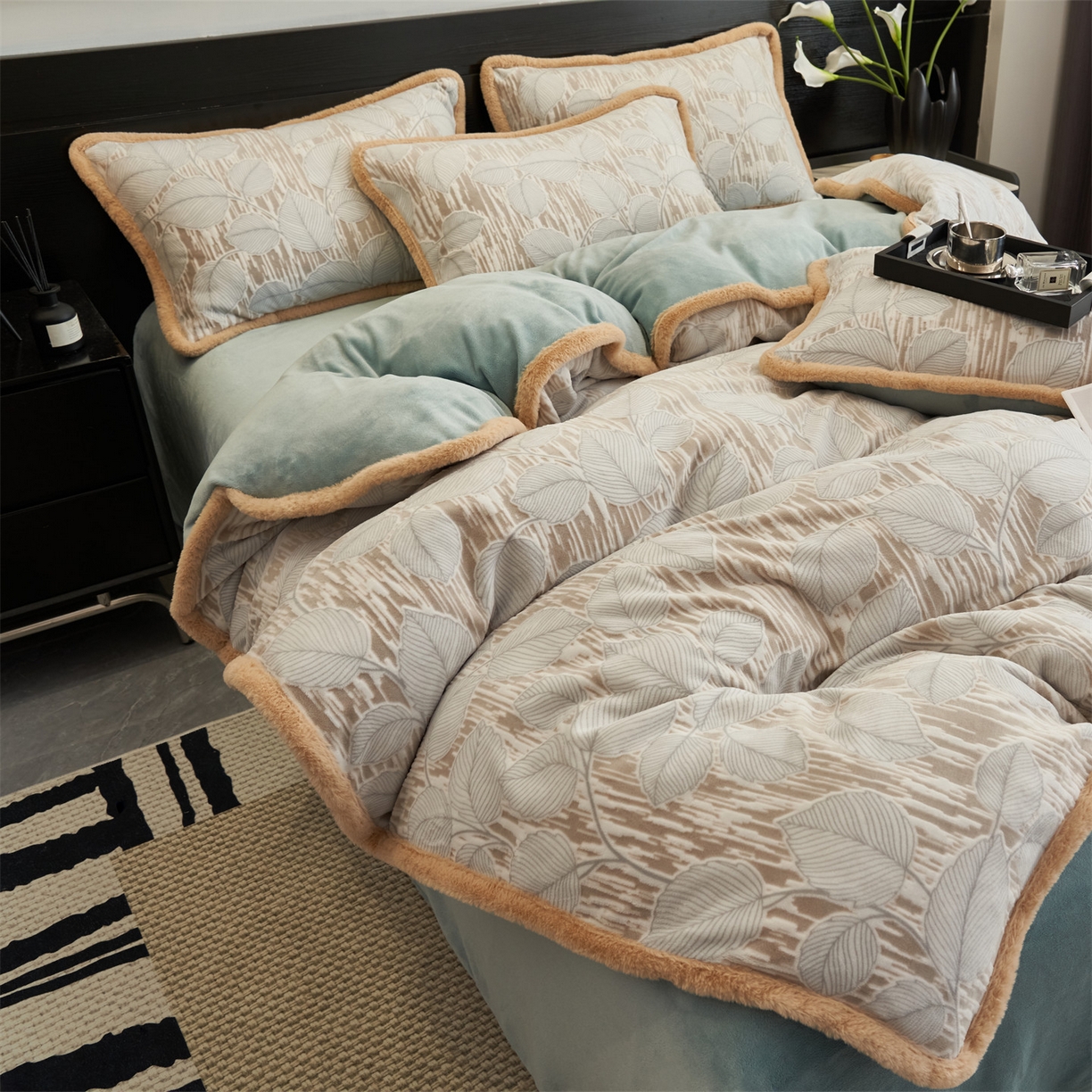 91家纺网 家纺一手货源 找家纺 金鹰 2025新款烂花兔毛包边四件套牛奶绒四件套提花套件 仲夏晨歌