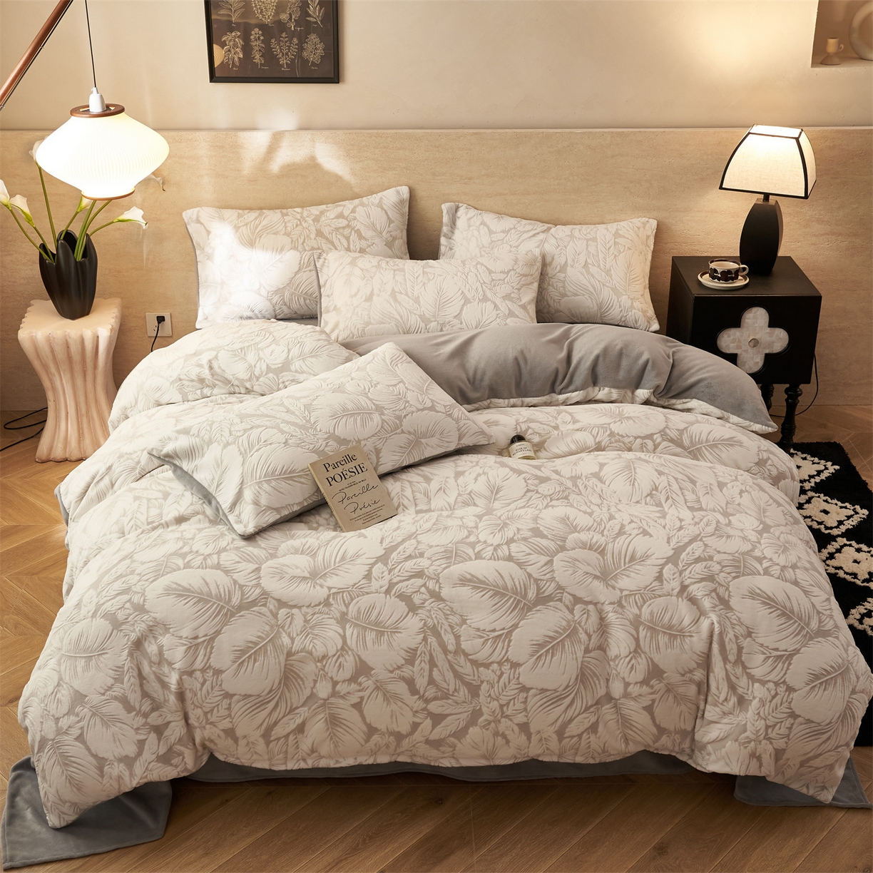 91家纺网 家纺一手货源 找家纺 金鹰 2025新款亲肤烂花牛奶绒四件套牛奶绒四件套 叶影