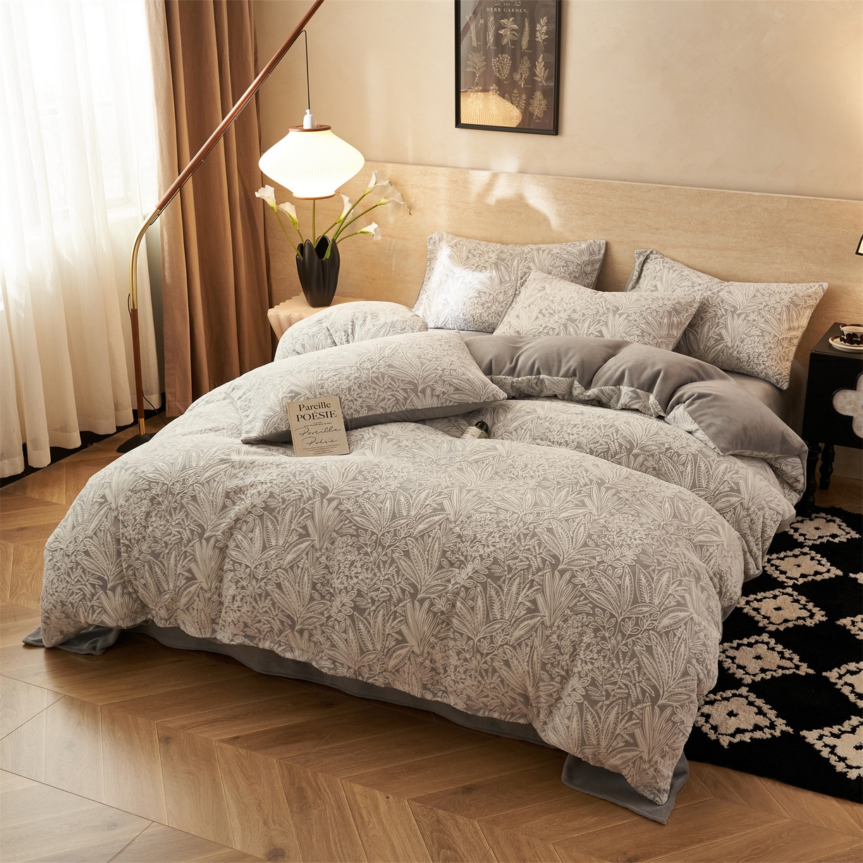 91家纺网 家纺一手货源 找家纺 金鹰 2025新款亲肤烂花牛奶绒四件套牛奶绒四件套 绿野仙踪-灰