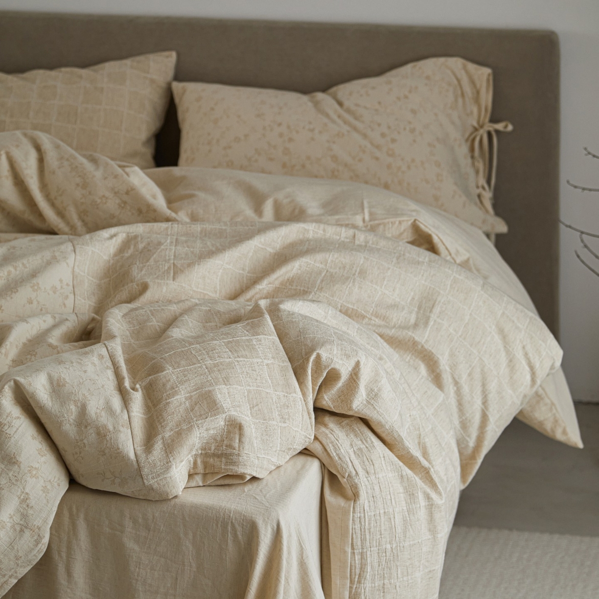 91家纺网 家纺一手货源 找家纺 （总）山舍家居 2025新款拼接提花棉麻四件套-半亩花田