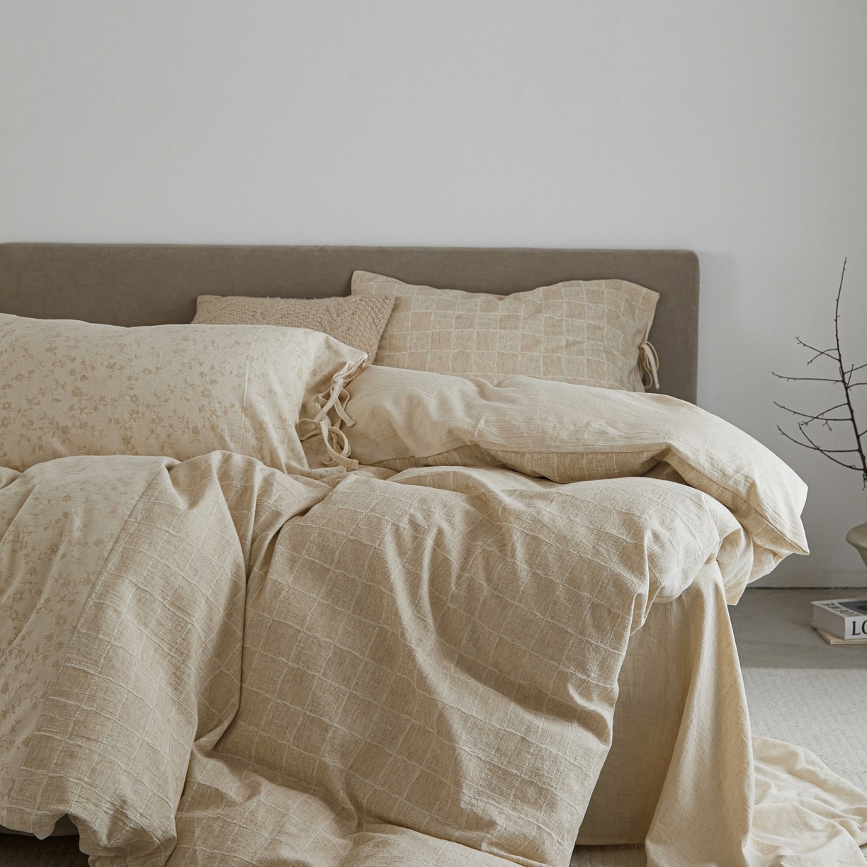 91家纺网 家纺一手货源 找家纺 （总）山舍家居 2025新款拼接提花棉麻四件套-半亩花田