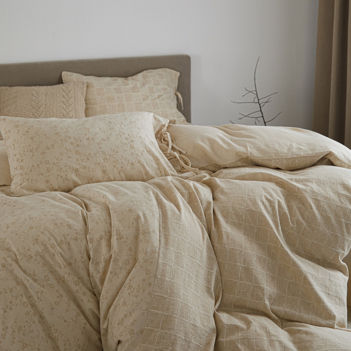 91家纺网 家纺一手货源 找家纺 （总）山舍家居 2025新款拼接提花棉麻四件套-半亩花田