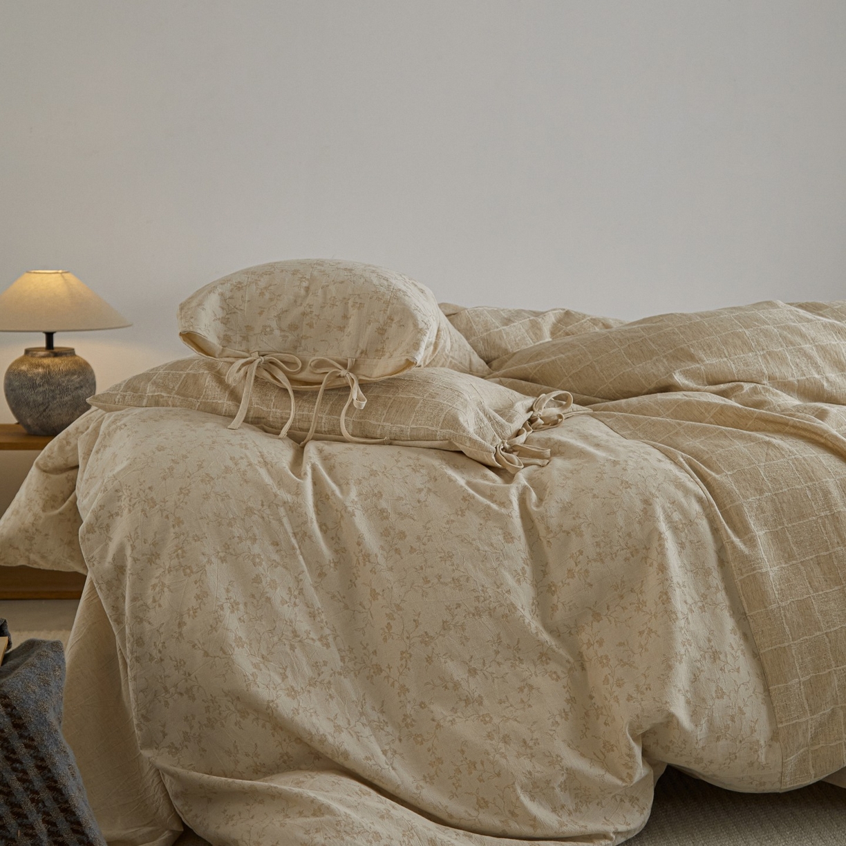 91家纺网 家纺一手货源 找家纺 （总）山舍家居 2025新款拼接提花棉麻四件套-半亩花田