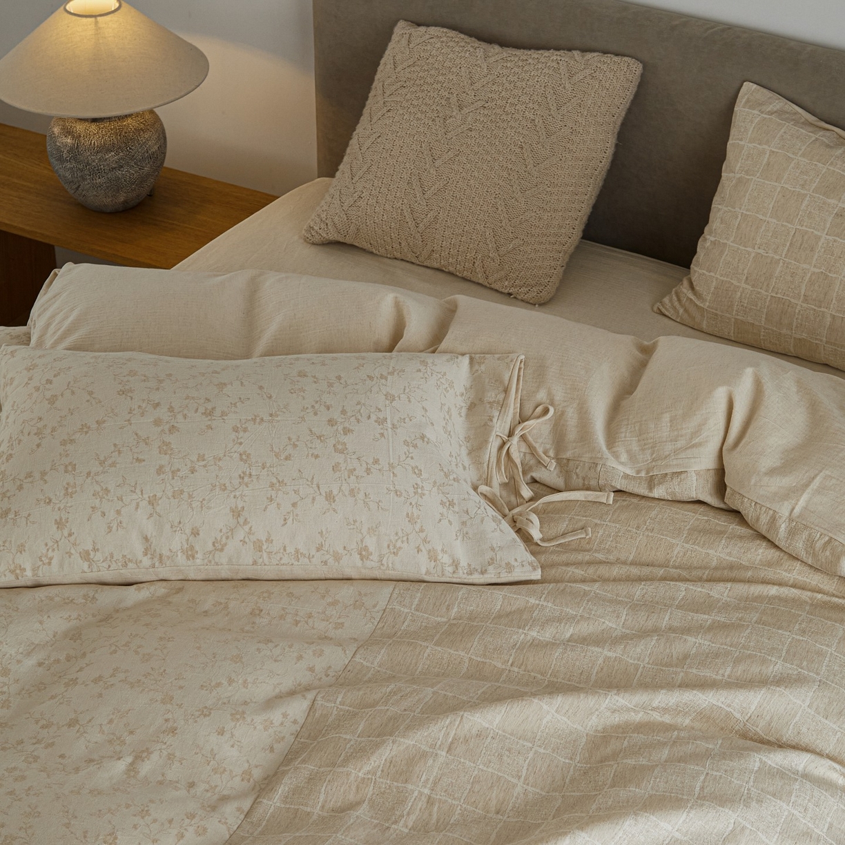 91家纺网 家纺一手货源 找家纺 （总）山舍家居 2025新款拼接提花棉麻四件套-半亩花田