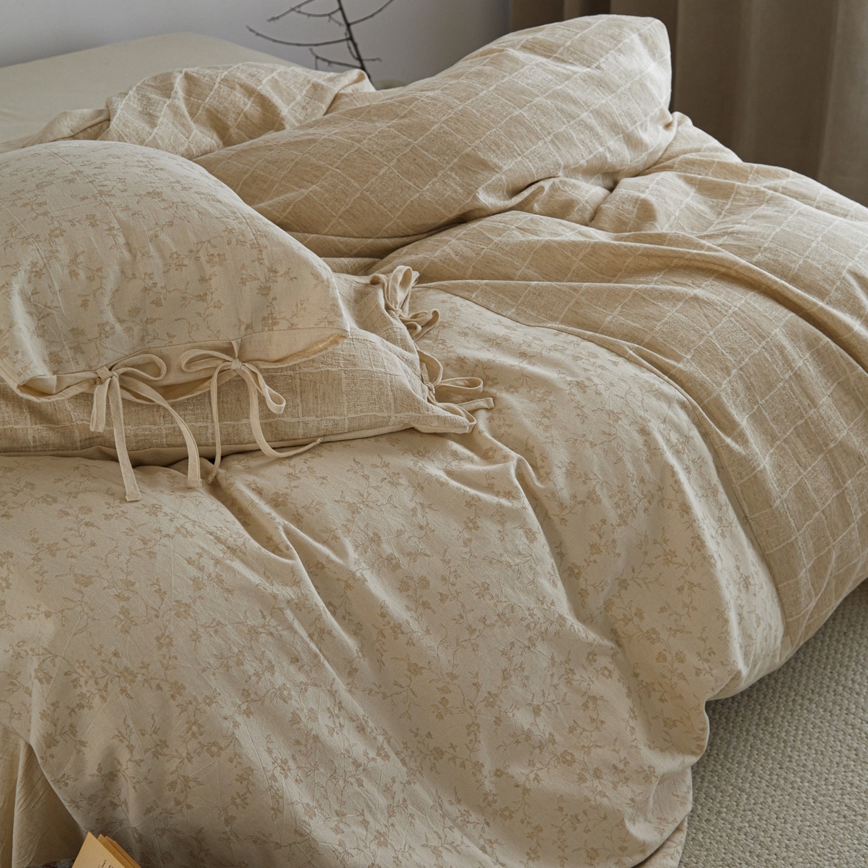 91家纺网 家纺一手货源 找家纺 （总）山舍家居 2025新款拼接提花棉麻四件套-半亩花田