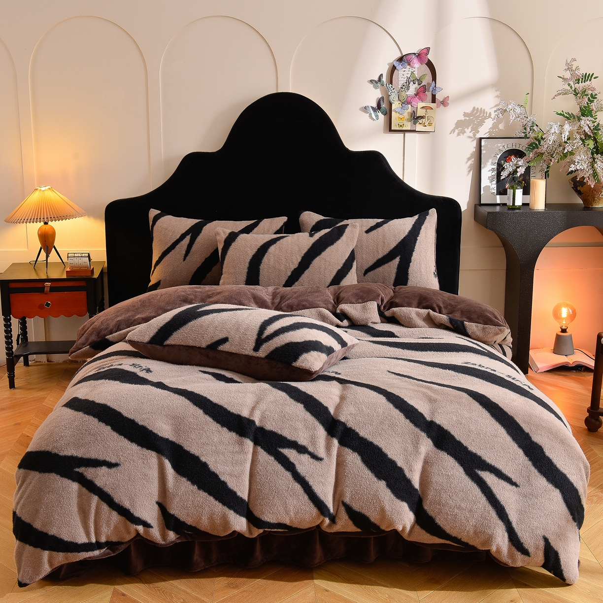 同田家纺 2025新款A类羊羊绒牛奶绒印花四件套 条纹-咖