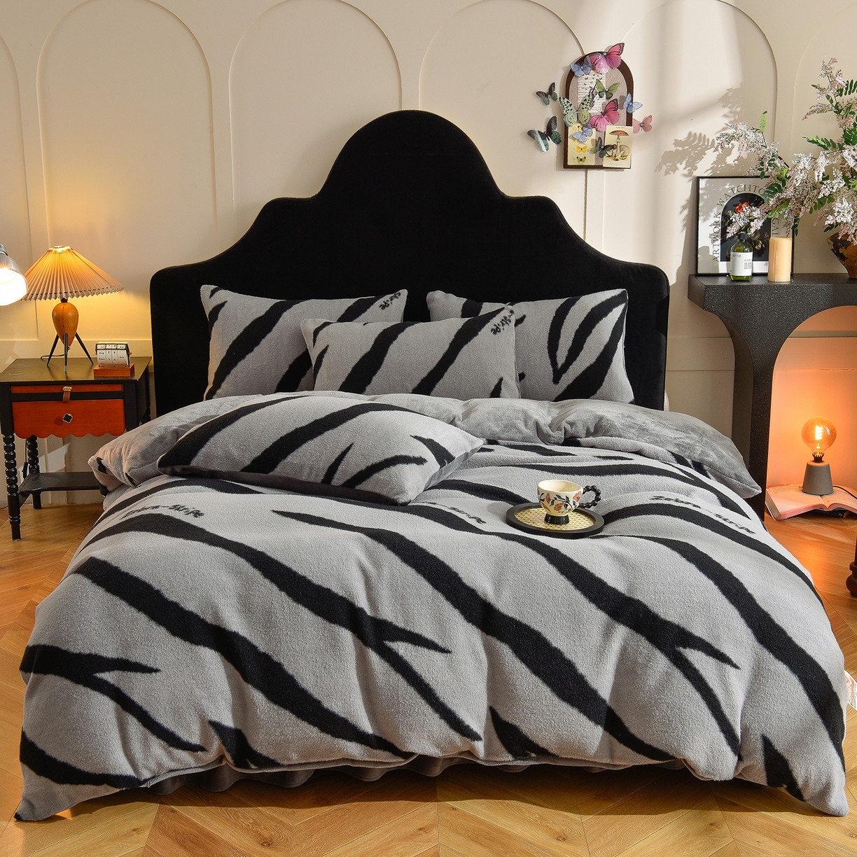 同田家纺 2025新款A类羊羊绒牛奶绒印花四件套 条纹-灰