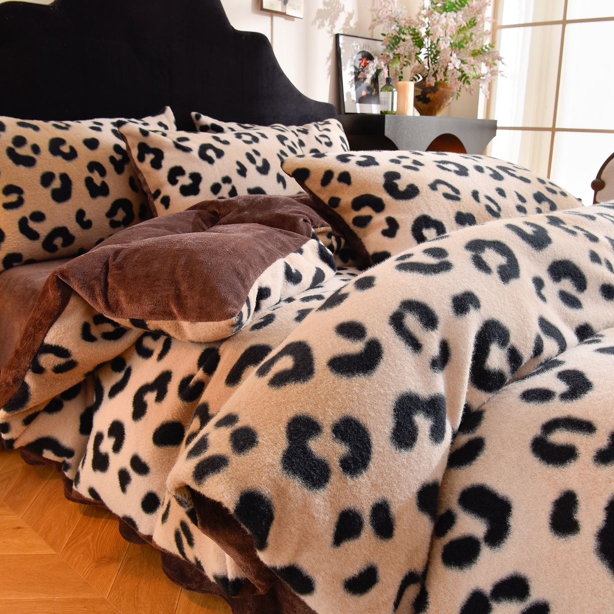 91家纺网 家纺一手货源 找家纺 同田家纺 2025新款A类羊羊绒牛奶绒印花四件套 豹纹-咖