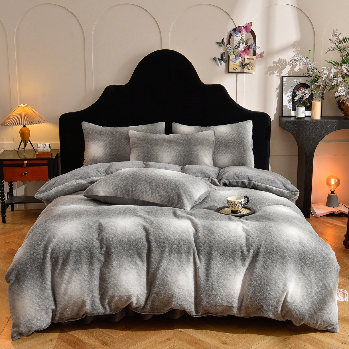 同田家纺 2025新款A类羊羊绒牛奶绒印花四件套 灰格