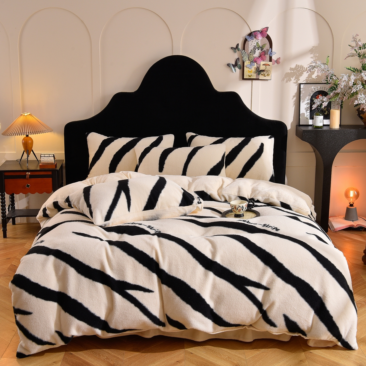 同田家纺 2025新款A类羊羊绒牛奶绒印花四件套 条纹-白