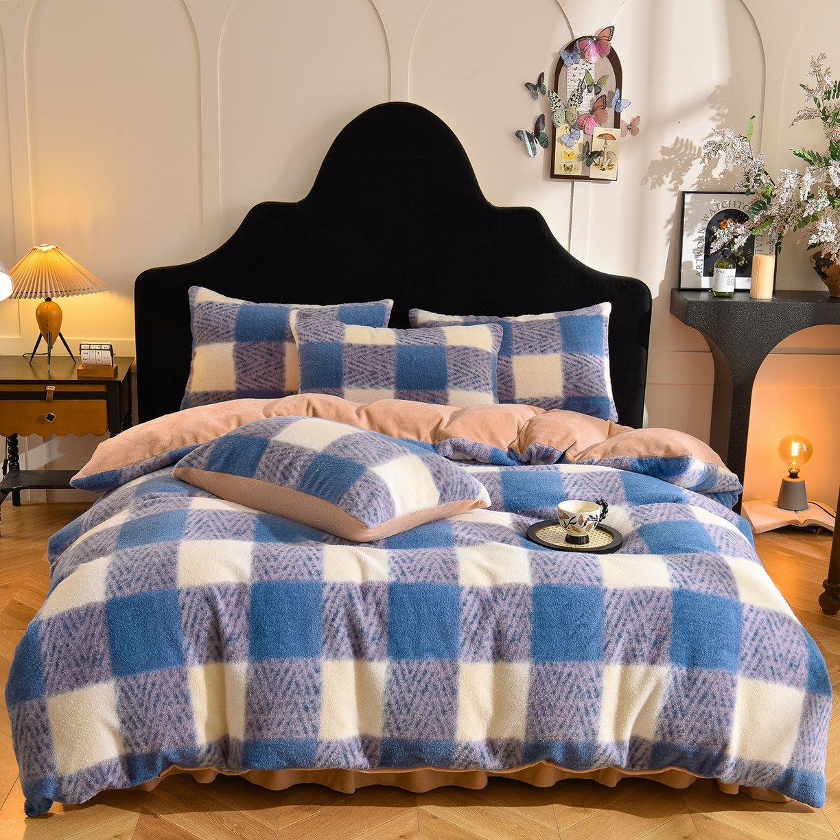 同田家纺 2025新款A类羊羊绒牛奶绒印花四件套 蓝格