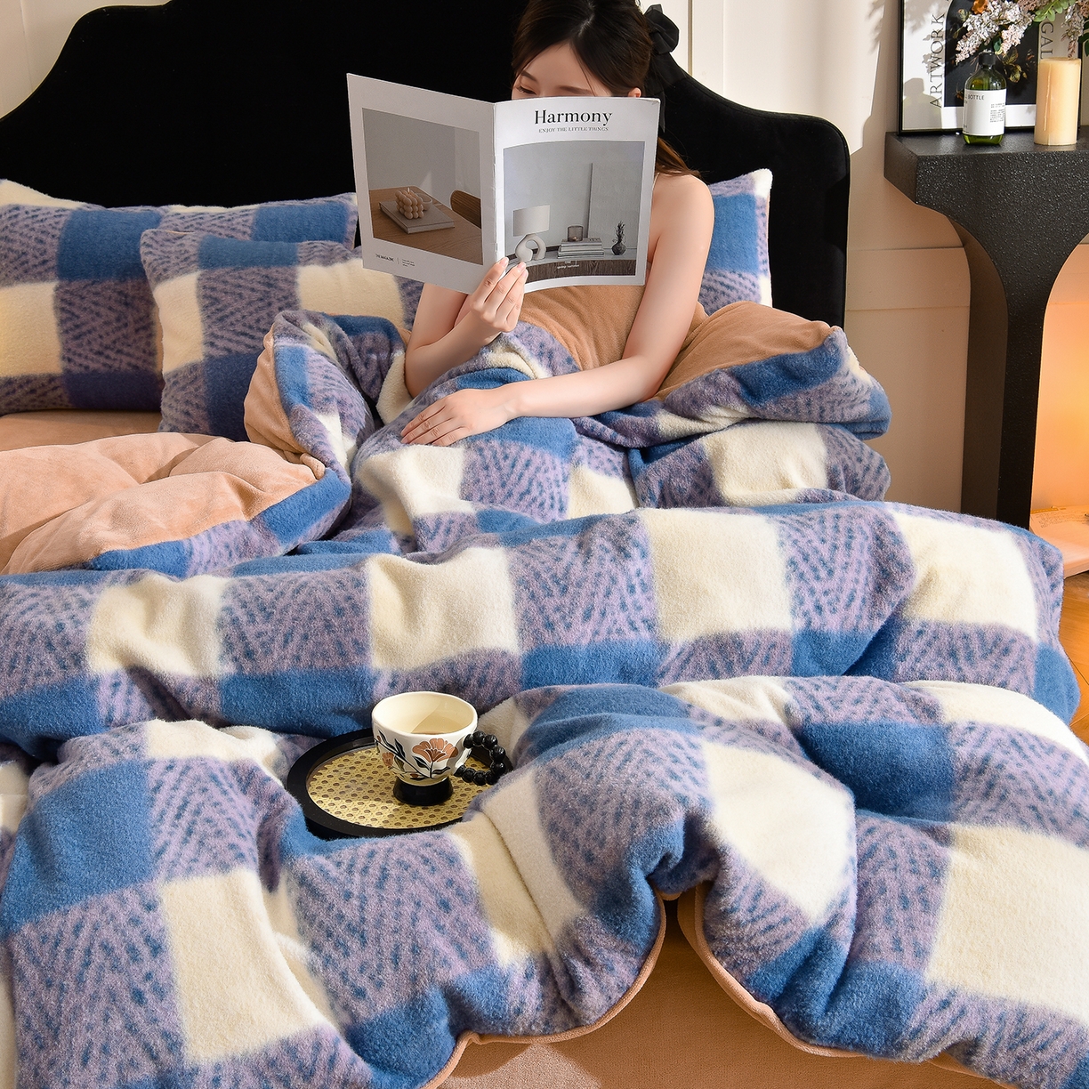 91家纺网 家纺一手货源 找家纺 同田家纺 2025新款A类羊羊绒牛奶绒印花四件套 蓝格