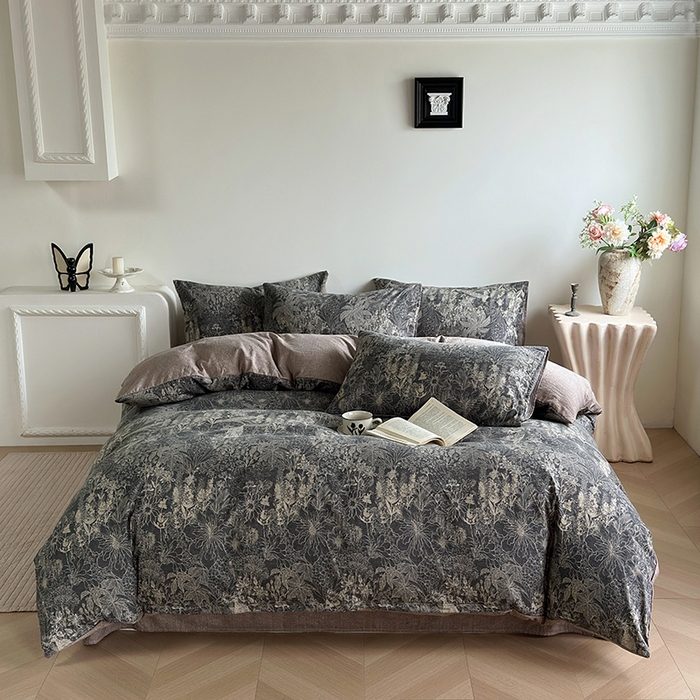 91家纺网 家纺一手货源 找家纺 （总）卢赛尔 2025新品加厚130g高克重复古风原麻印花四件套单被套