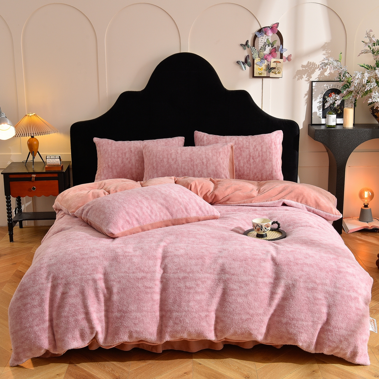 同田家纺 2025新款A类羊羊绒牛奶绒印花四件套 伊莉莎-粉