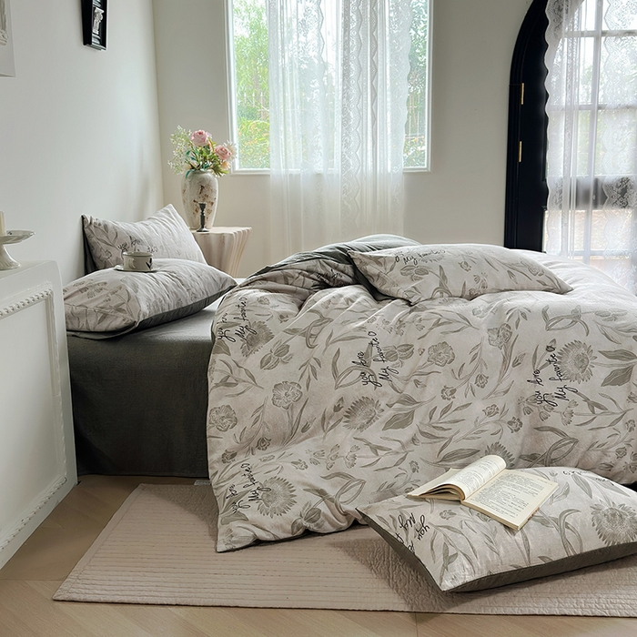 91家纺网 家纺一手货源 找家纺 卢赛尔 2025新品加厚130g高克重复古风原麻印花四件套单被套 草芙蓉