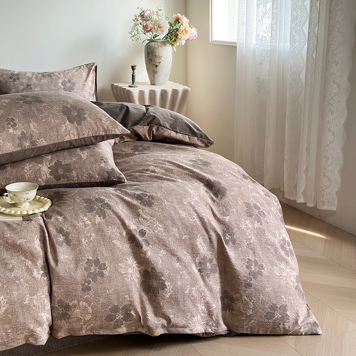 91家纺网 家纺一手货源 找家纺 卢赛尔 2025新品加厚130g高克重复古风原麻印花四件套单被套 风浅