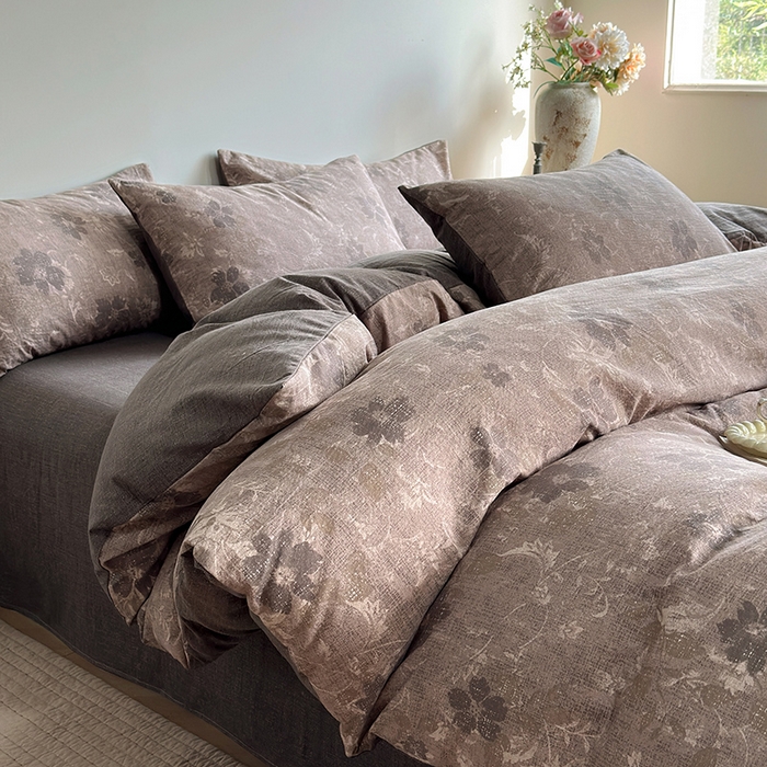 91家纺网 家纺一手货源 找家纺 卢赛尔 2025新品加厚130g高克重复古风原麻印花四件套单被套 风浅