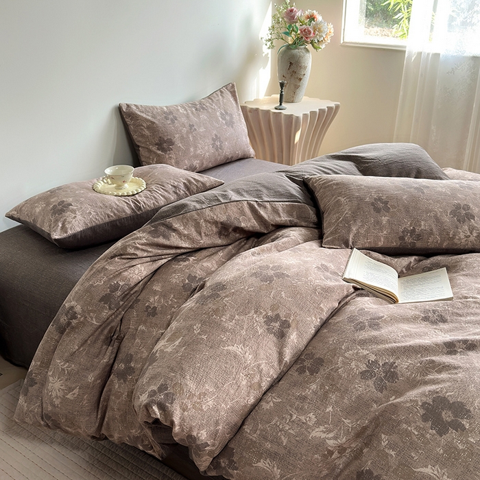 91家纺网 家纺一手货源 找家纺 卢赛尔 2025新品加厚130g高克重复古风原麻印花四件套单被套 风浅