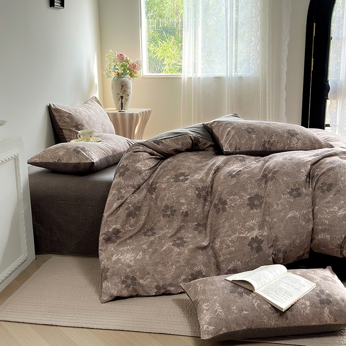 91家纺网 家纺一手货源 找家纺 卢赛尔 2025新品加厚130g高克重复古风原麻印花四件套单被套 风浅