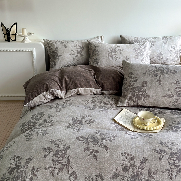 91家纺网 家纺一手货源 找家纺 卢赛尔 2025新品加厚130g高克重复古风原麻印花四件套单被套 花眠