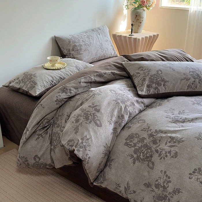 91家纺网 家纺一手货源 找家纺 卢赛尔 2025新品加厚130g高克重复古风原麻印花四件套单被套 花眠