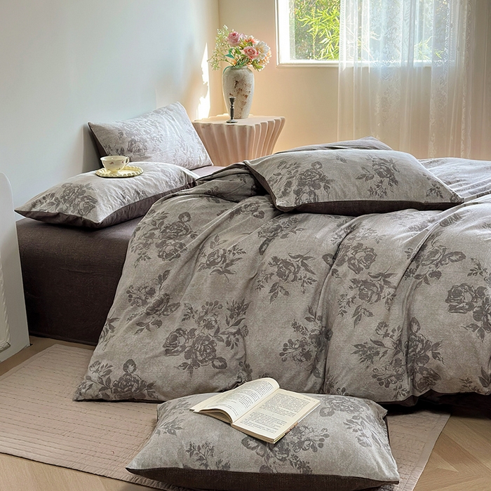 91家纺网 家纺一手货源 找家纺 卢赛尔 2025新品加厚130g高克重复古风原麻印花四件套单被套 花眠