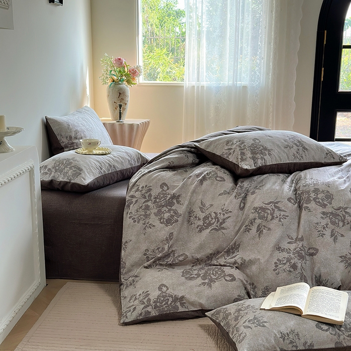 91家纺网 家纺一手货源 找家纺 卢赛尔 2025新品加厚130g高克重复古风原麻印花四件套单被套 花眠