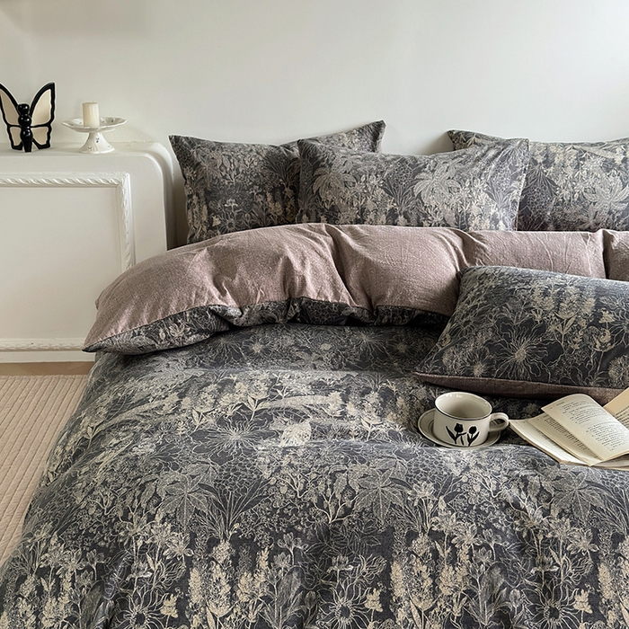 91家纺网 家纺一手货源 找家纺 卢赛尔 2025新品加厚130g高克重复古风原麻印花四件套单被套 凉墨