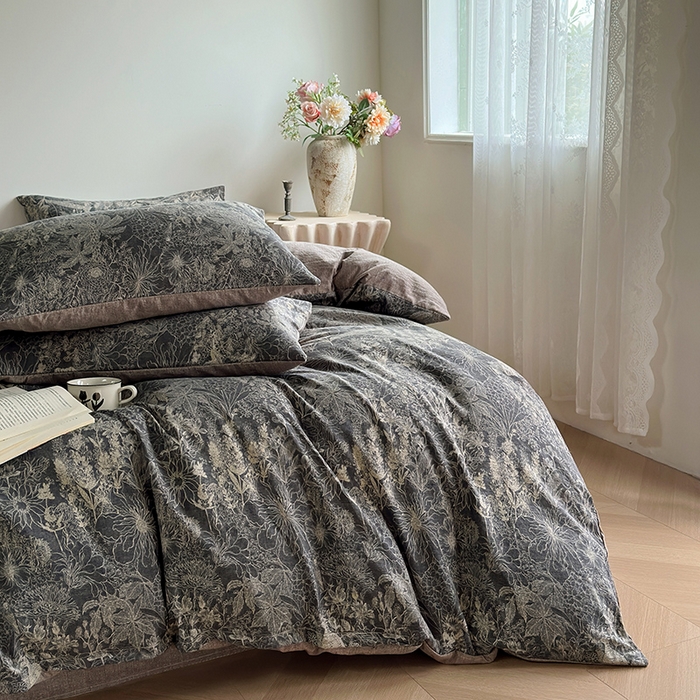 91家纺网 家纺一手货源 找家纺 卢赛尔 2025新品加厚130g高克重复古风原麻印花四件套单被套 凉墨