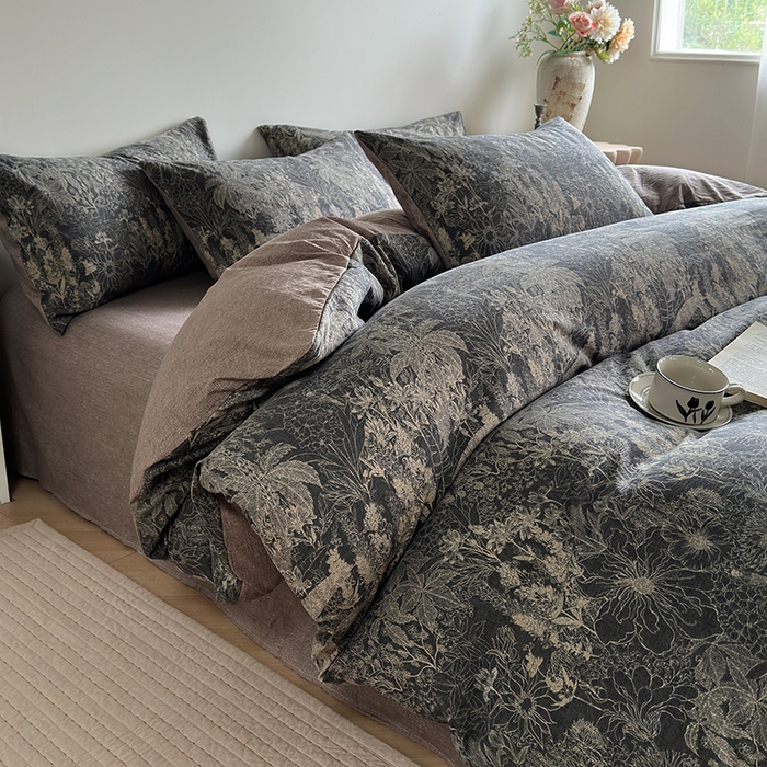 91家纺网 家纺一手货源 找家纺 卢赛尔 2025新品加厚130g高克重复古风原麻印花四件套单被套 凉墨