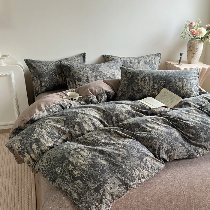 91家纺网 家纺一手货源 找家纺 卢赛尔 2025新品加厚130g高克重复古风原麻印花四件套单被套 凉墨