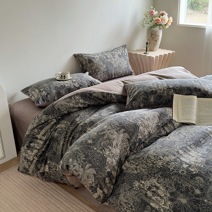 91家纺网 家纺一手货源 找家纺 卢赛尔 2025新品加厚130g高克重复古风原麻印花四件套单被套 凉墨