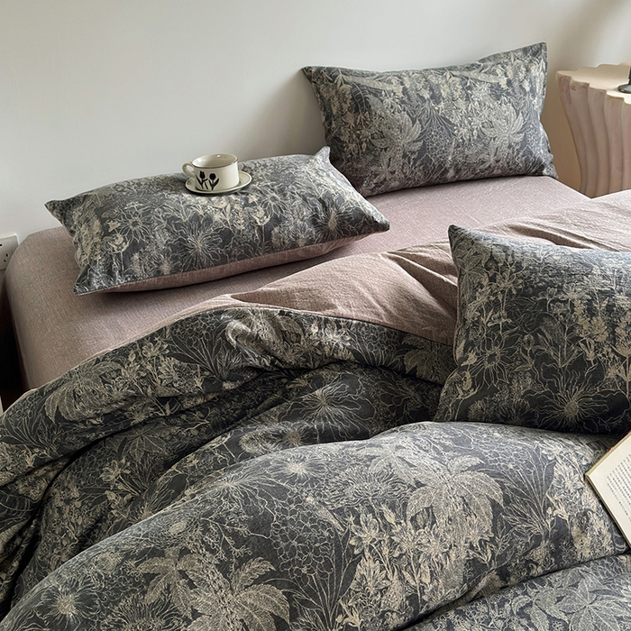 91家纺网 家纺一手货源 找家纺 卢赛尔 2025新品加厚130g高克重复古风原麻印花四件套单被套 凉墨