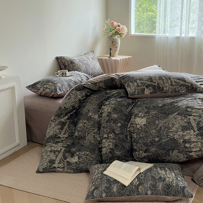 91家纺网 家纺一手货源 找家纺 卢赛尔 2025新品加厚130g高克重复古风原麻印花四件套单被套 凉墨