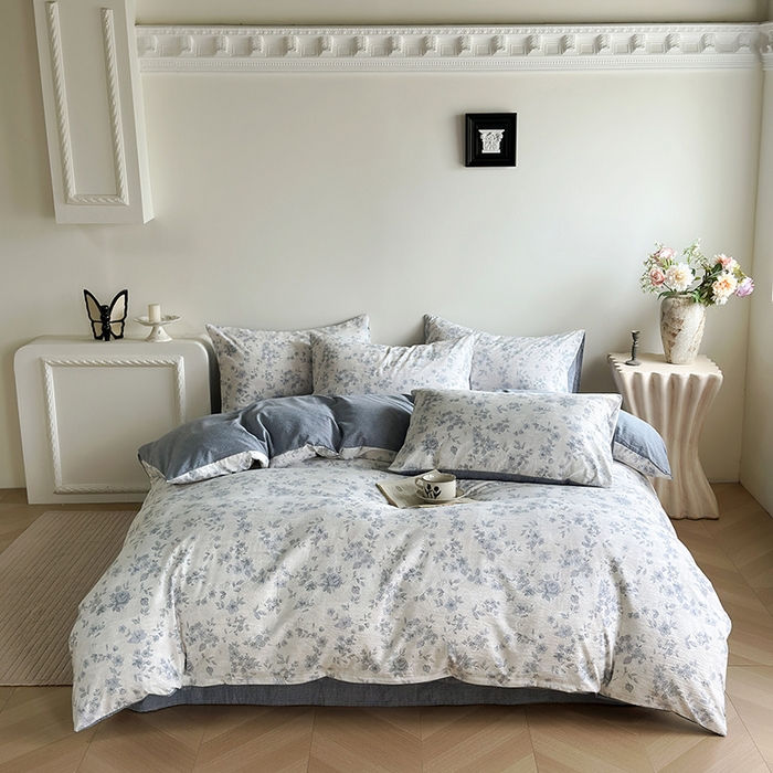 卢赛尔 2025新品加厚130g高克重复古风原麻印花四件套单被套 青千雪