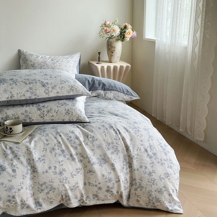 91家纺网 家纺一手货源 找家纺 卢赛尔 2025新品加厚130g高克重复古风原麻印花四件套单被套 青千雪